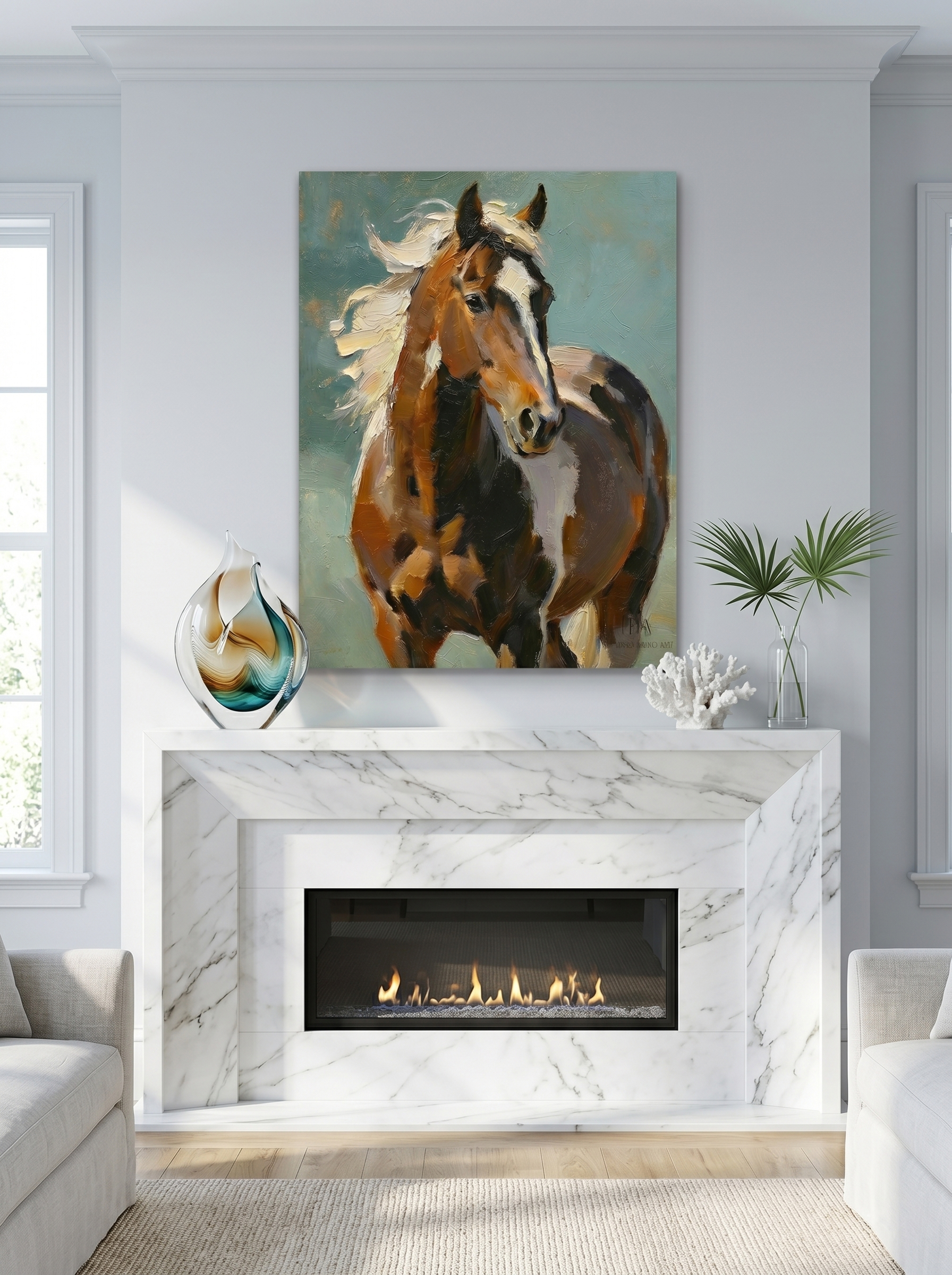 Seamless Architectural Integration: Perfectly aligned with high-end modern design. Displayed as a gallery-wrapped canvas above a pristine white marble fireplace, the artwork’s 3D sculptural relief catches the natural light, offering a breathtaking visual contrast without the need for a heavy frame.
