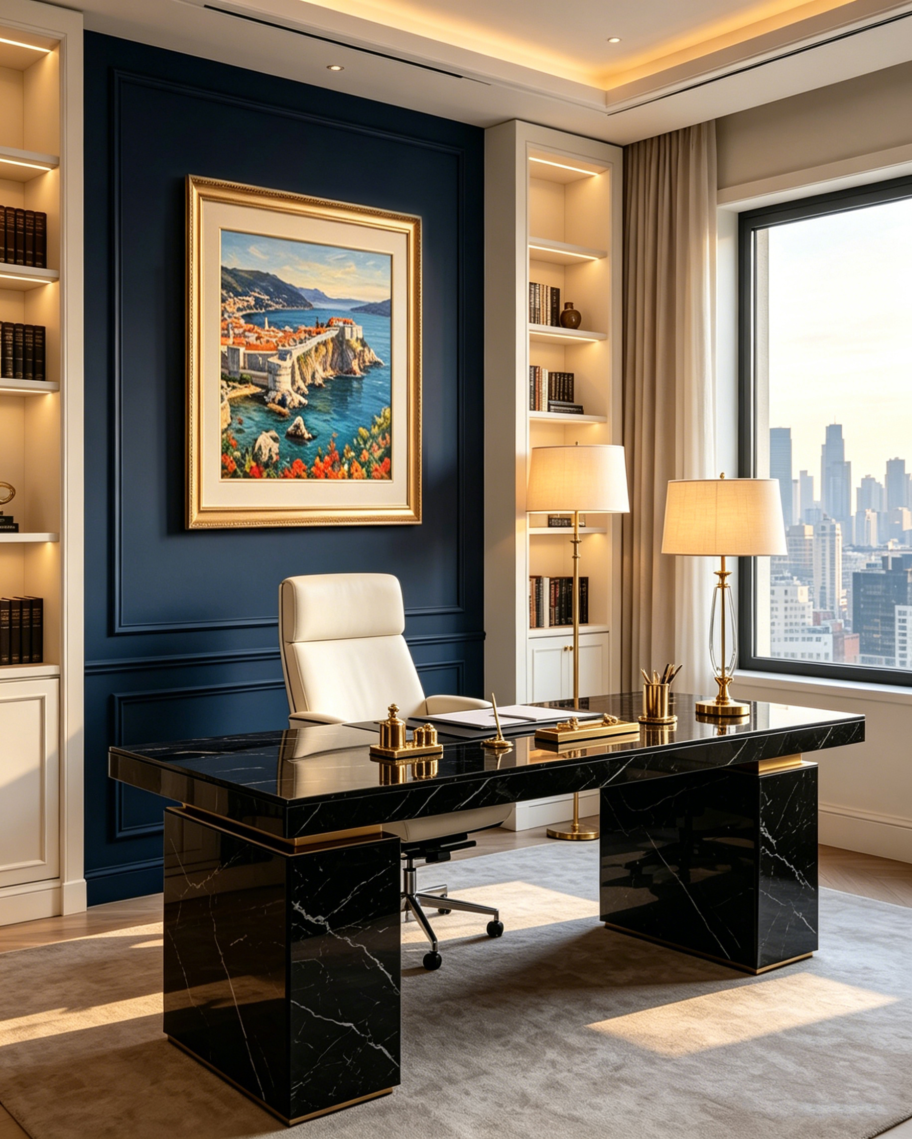 The "Adriatic Bloom" Mediterranean landscape painting featured in a luxurious executive office. Mounted on a dark moody blue paneled wall behind a black marble desk, adding a sophisticated and vibrant pop of color to the corporate workspace.
