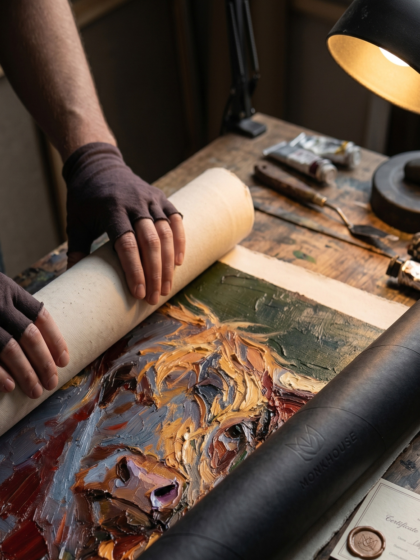 Artisanal Care & Gallery-Grade Delivery: To protect the heavy 3D paint textures during international transit, your masterpiece is fully dried, carefully rolled by our artisans, and secured in a premium, custom-designed shipping tube. Unbox an experience of true gallery quality and crafted dedication right at your desk.