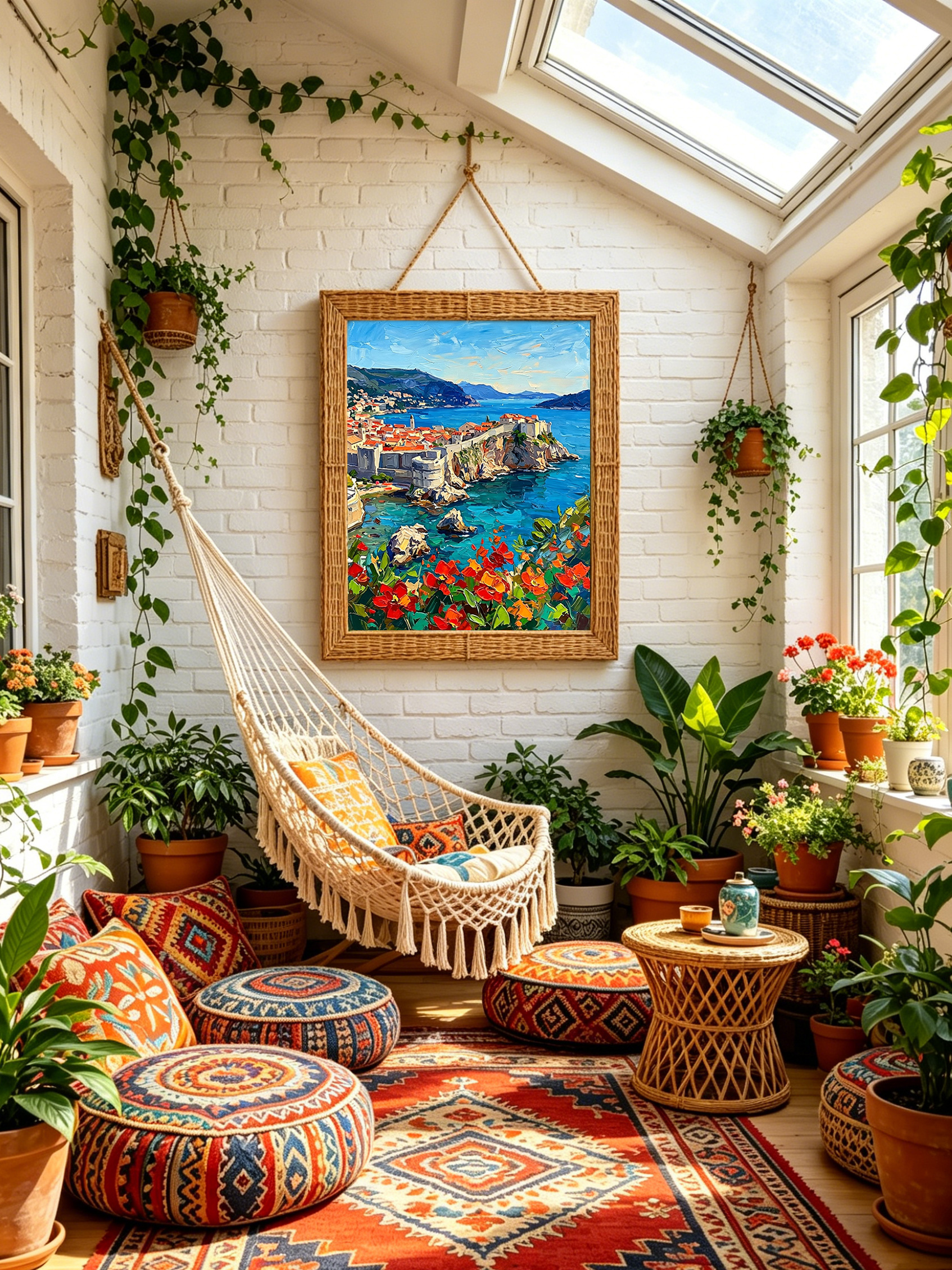 The "Adriatic Bloom" coastal painting styled in a lush, bohemian sunroom. Displayed on a white brick wall surrounded by indoor plants, a macrame hammock chair, and colorful floor cushions, emphasizing a relaxed, sun-drenched summer vibe.