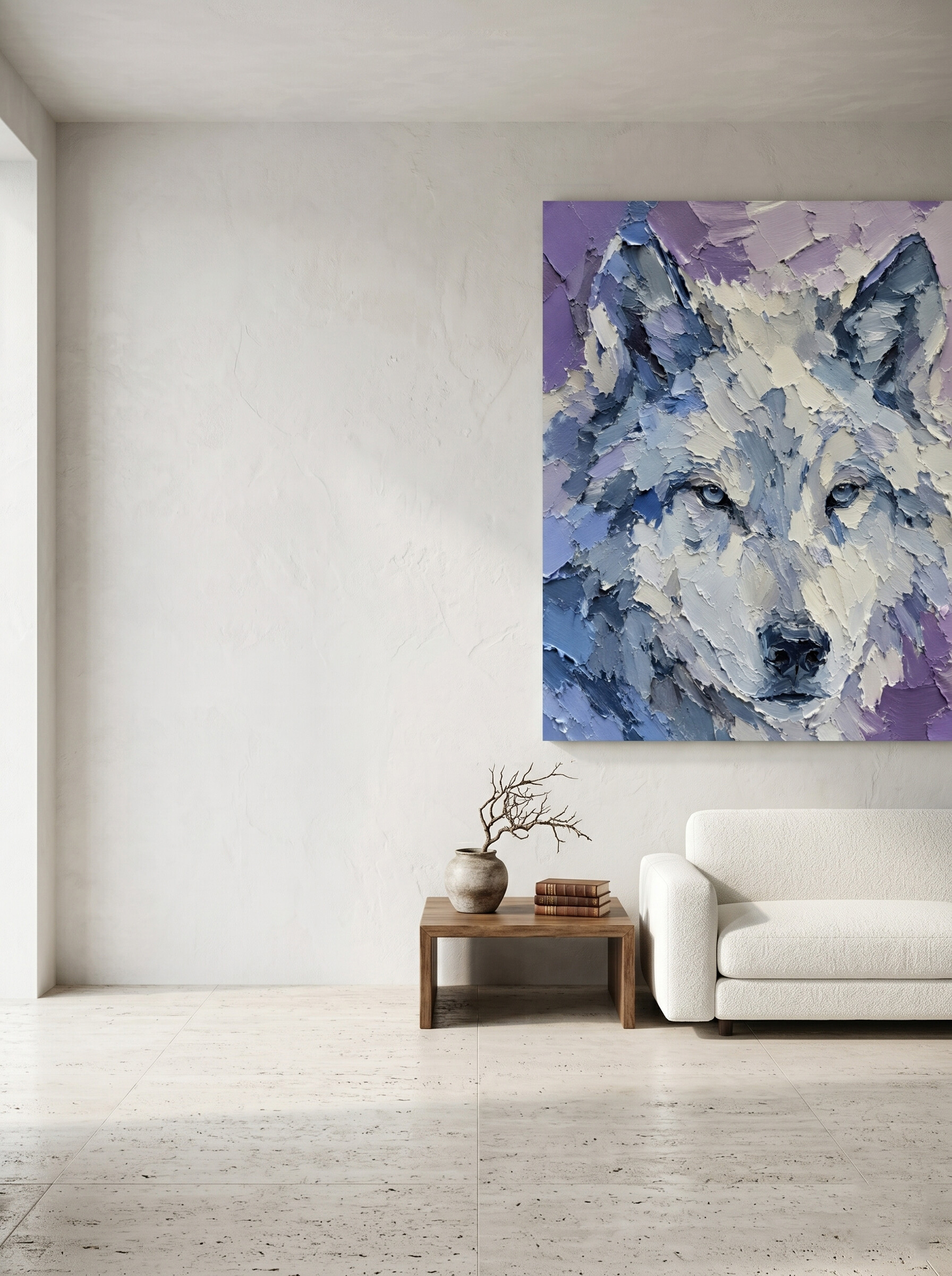 Gallery Aesthetics at Home: When displayed in an oversized format within a minimalist or open-concept space, the painting becomes a mesmerizing visual anchor. The massive scale allows the abstract collision of indigo and titanium white color blocks to truly breathe, proving that true fine art needs no