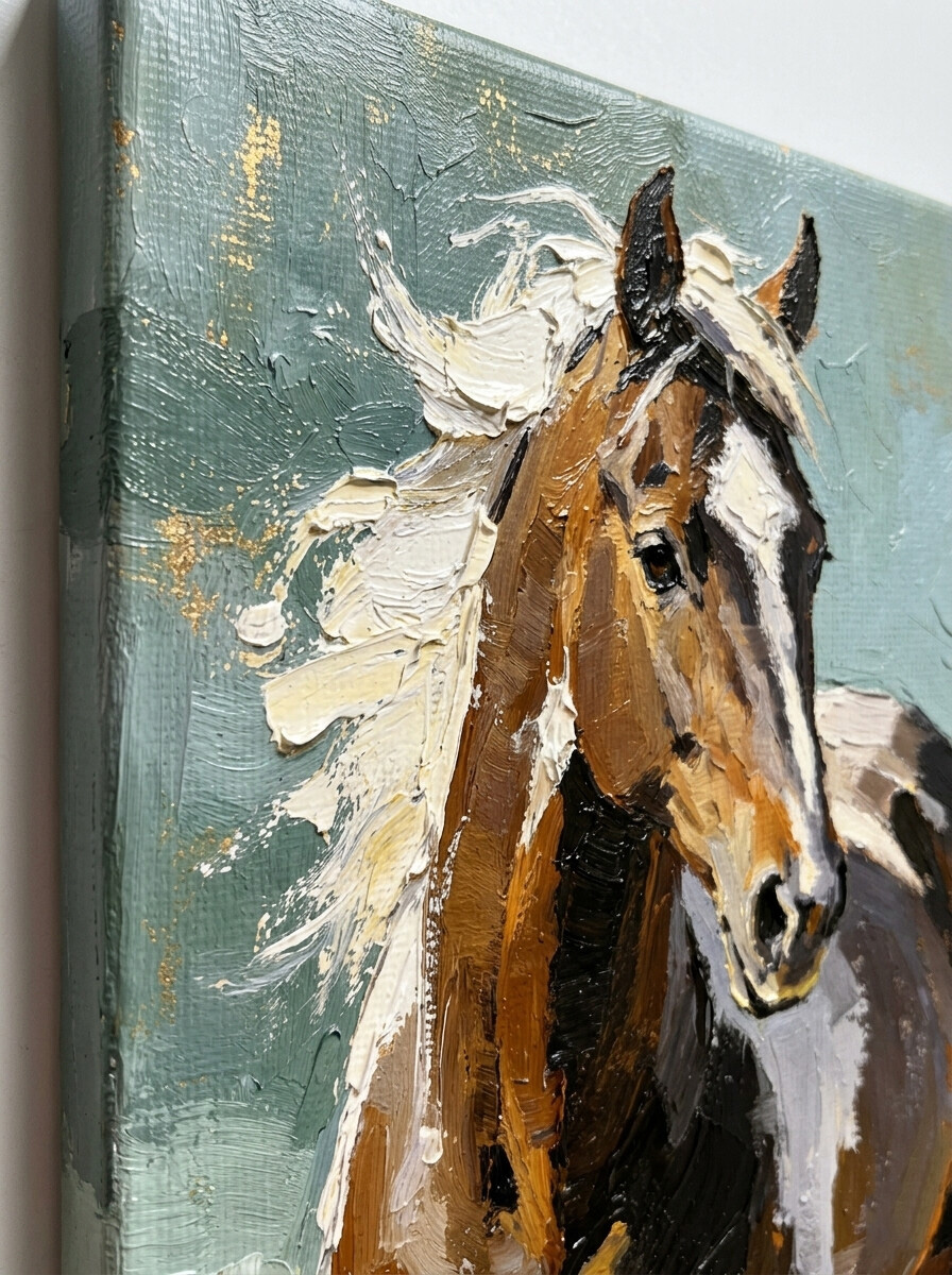 Art You Can Touch and Feel: Zoom in to witness the fierce, unrefined palette knife ridges. We use heavy, chunky layers of premium oil paint to build a physical, 3D sculptural relief. Watch how the sweeping white mane and sage green background catch the light, highlighting the raw beauty of hand-crafted art.