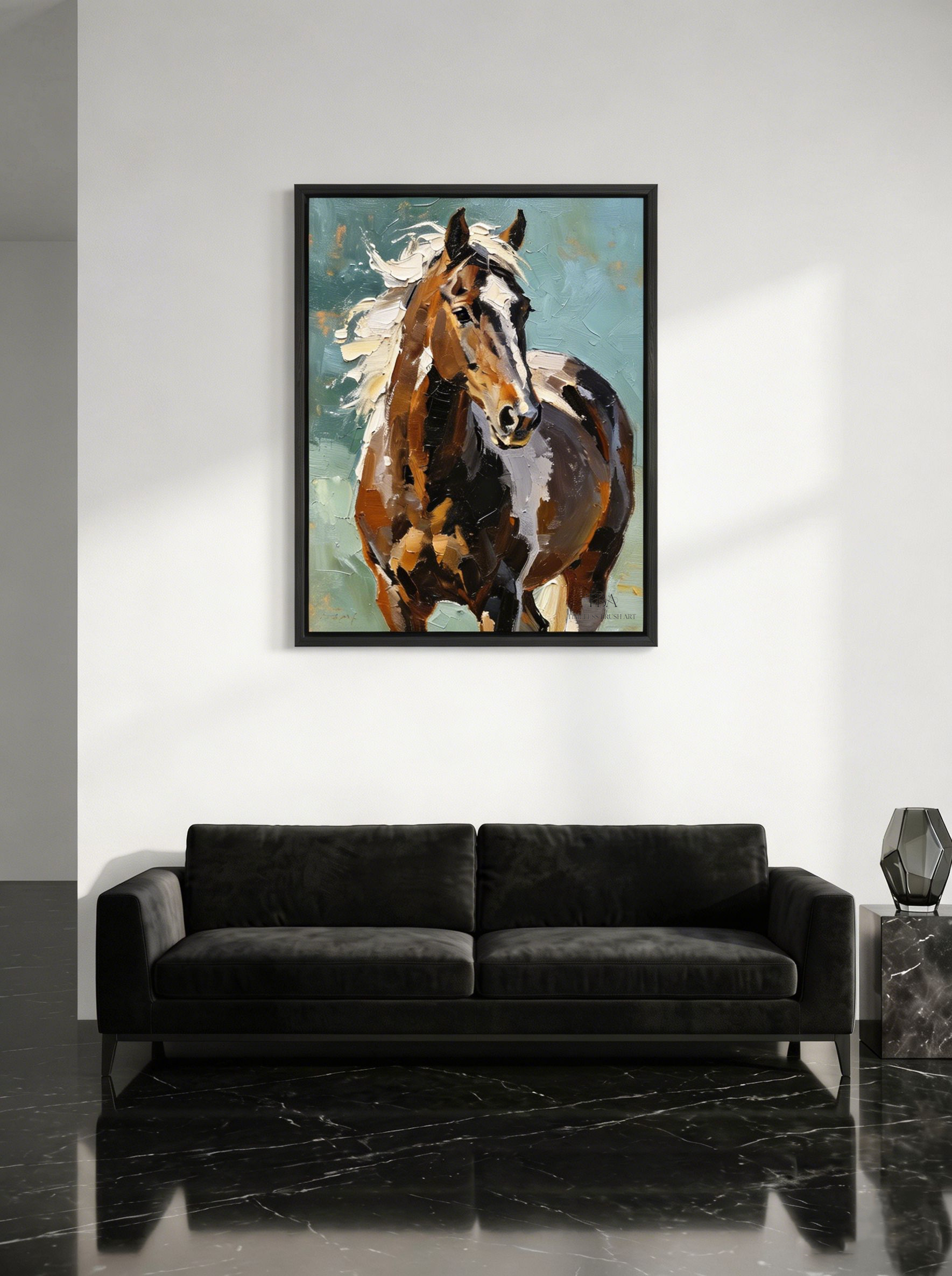 Bold Contemporary Contrast: Designed for the modern visionary. Housed in a sleek black frame and paired with luxurious black velvet seating and polished marble floors, the horse painting delivers a striking pop of natural color and untamed energy to an ultra-modern, sophisticated interior.