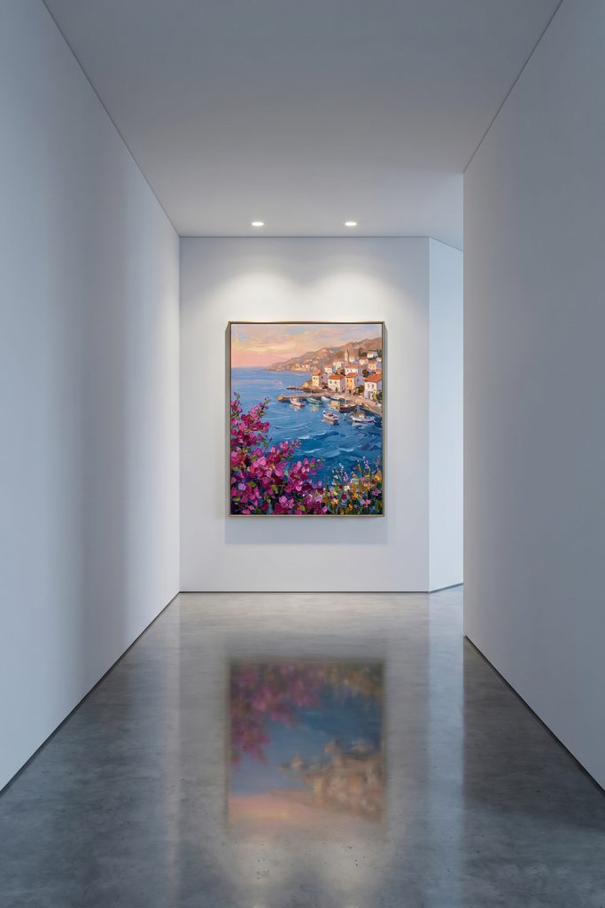 A bright Mediterranean seascape oil painting hanging at the end of a minimalist white hallway, its vibrant colors reflecting beautifully on the polished concrete floor.