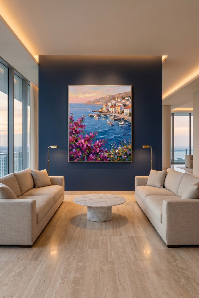 A stunning textured Mediterranean coastal painting creating a striking contrast on a dark navy blue accent wall in a modern luxury living room.