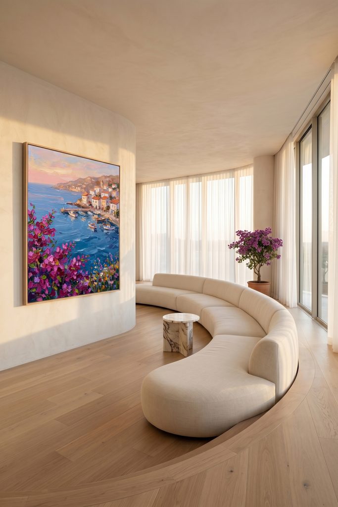 A large Mediterranean coastal landscape oil painting adding vibrant pink and blue colors to a warm minimalist living room with a curved beige sofa.
