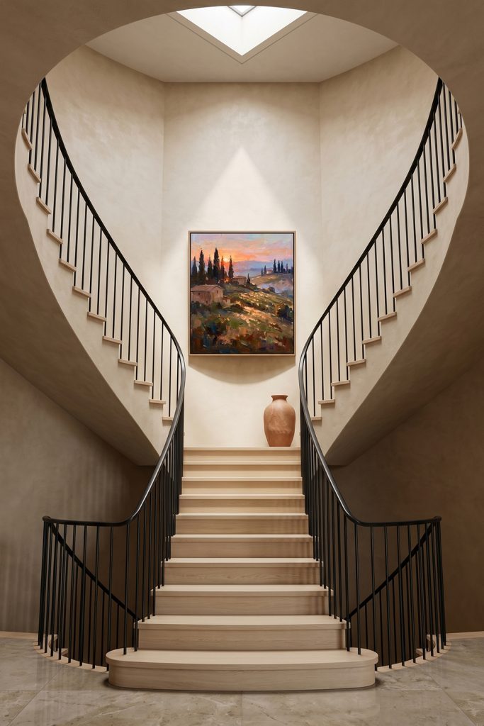 A large framed Tuscan sunset landscape painting hanging symmetrically on a curved staircase wall with neutral beige tones and black railings.