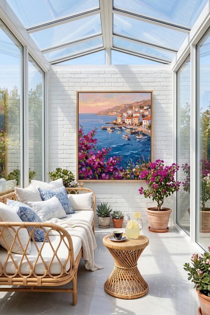 A vibrant Mediterranean coastal landscape oil painting with pink bougainvillea hung on a white brick wall in a bright sunroom with rattan furniture.