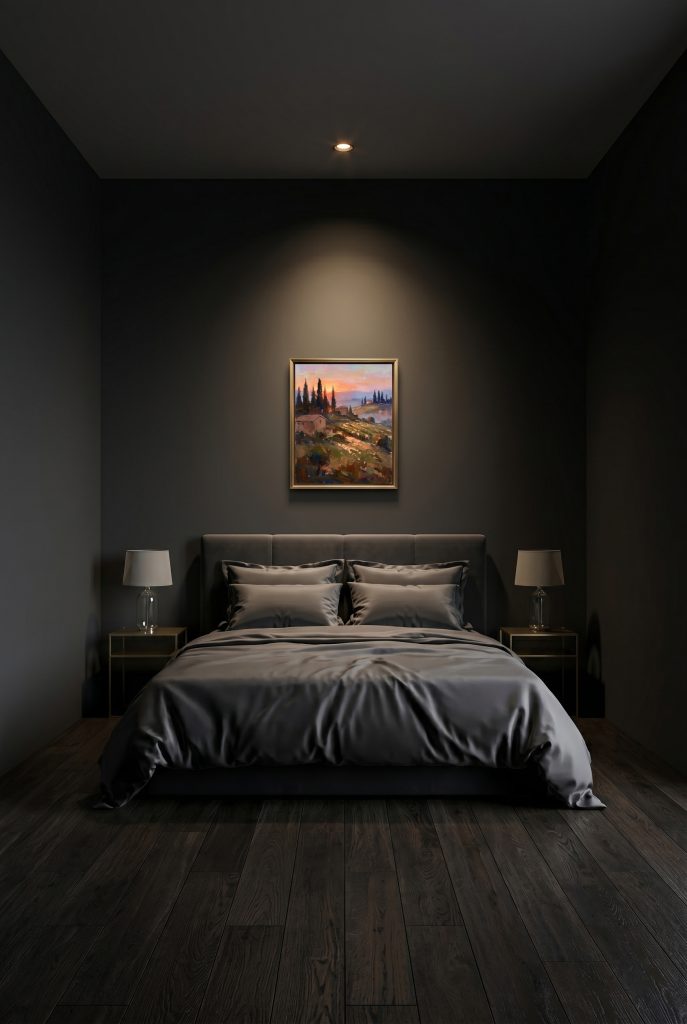 A framed warm Tuscan sunset countryside oil painting acting as a glowing focal point against a dark grey wall in a sophisticated, moody dark academia bedroom.