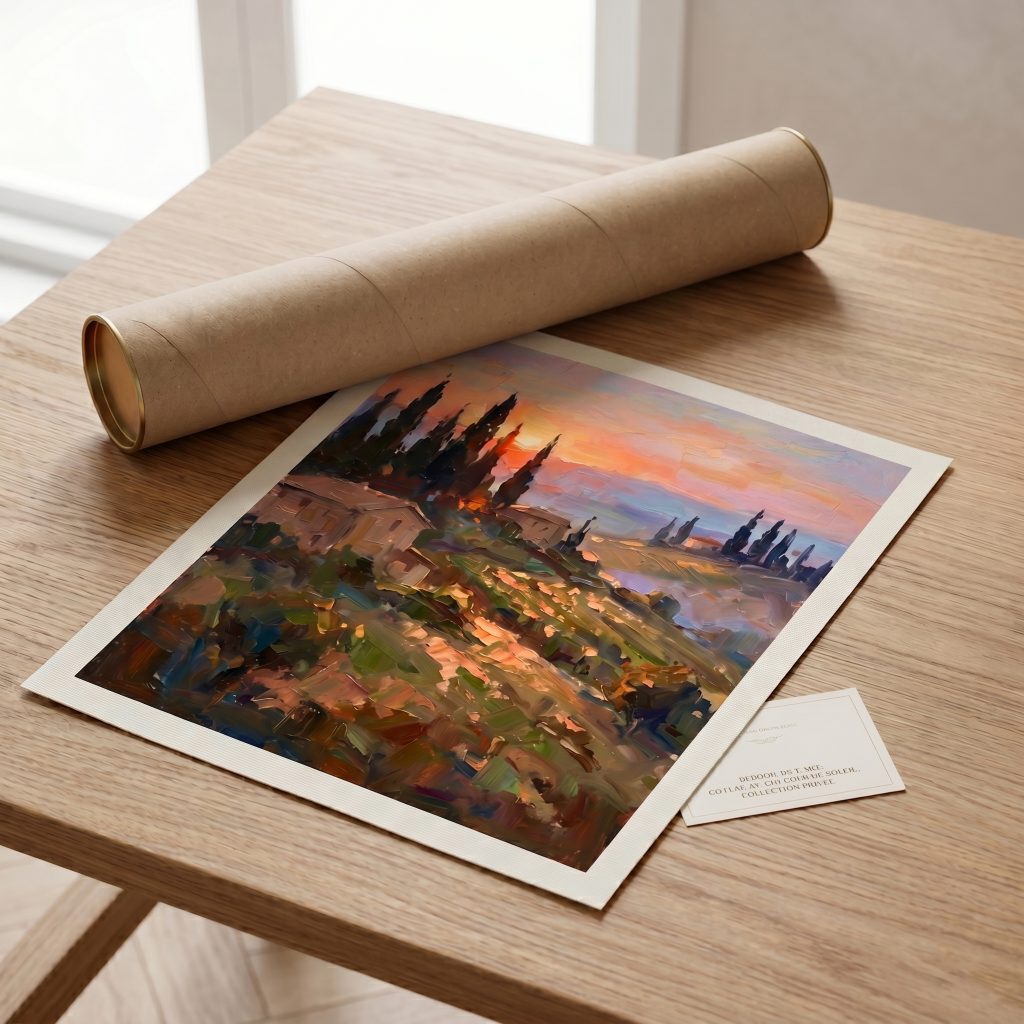 A high-quality unframed canvas print of a Tuscan sunset landscape, safely unrolled next to a premium kraft paper shipping tube on a wooden desk, ensuring secure delivery.