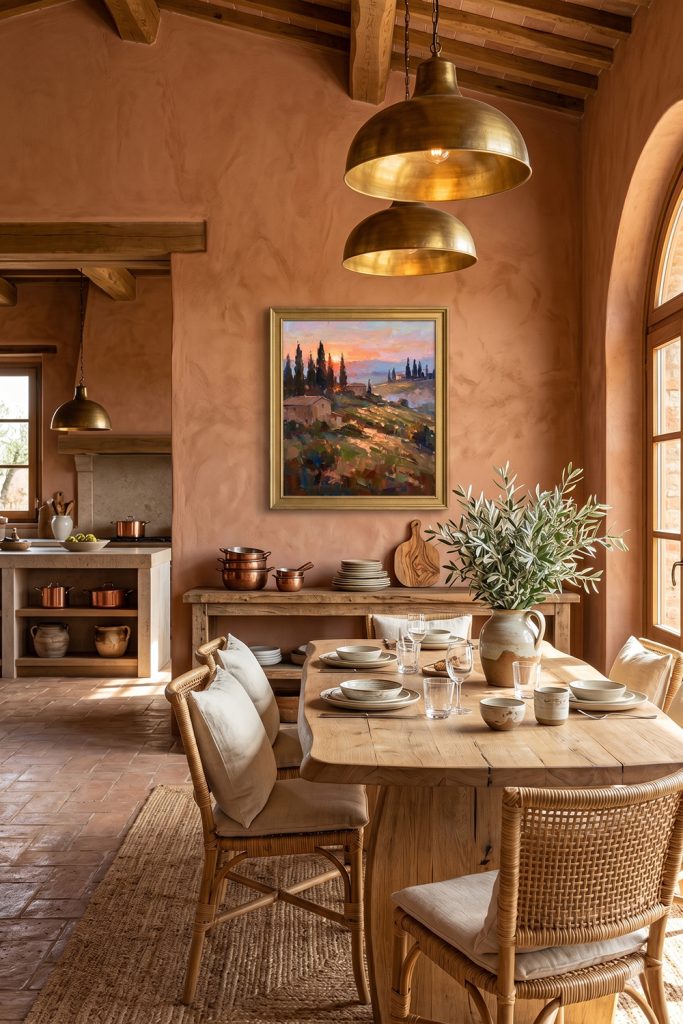 A framed French vintage sunset oil painting complementing the warm terracotta walls of a rustic dining room with a wooden table and olive branches.