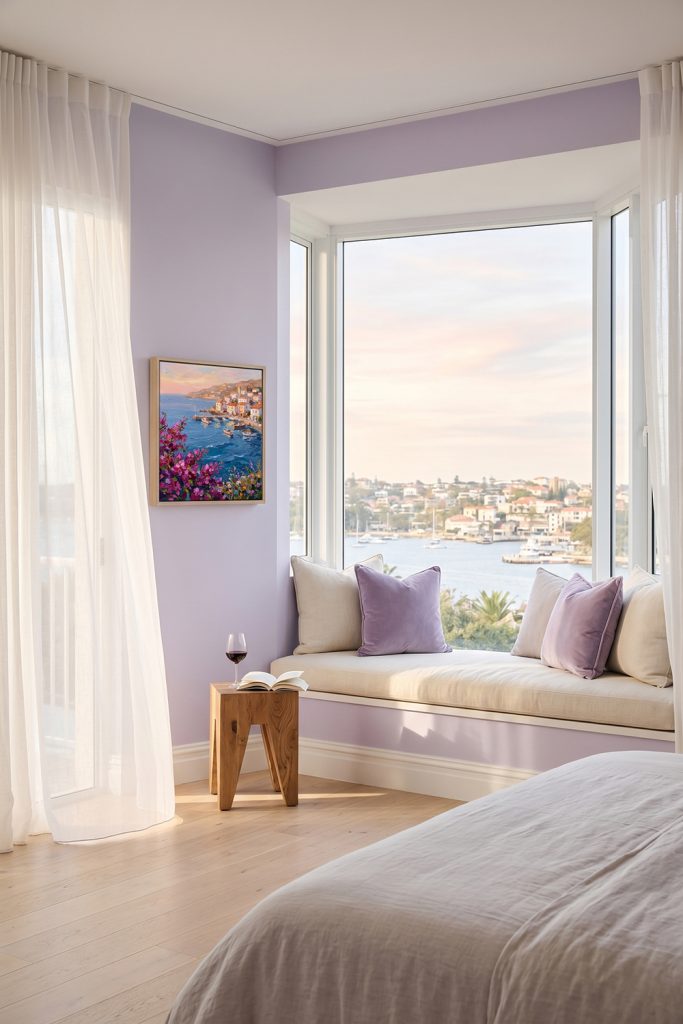 A colorful Aegean sea coastal canvas painting displayed in a dreamy lavender bedroom with a cozy window seat overlooking the ocean.