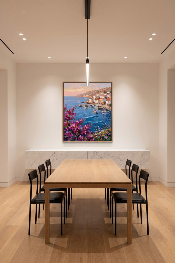 A framed vibrant Mediterranean coastal landscape canvas serving as the visual centerpiece in a sleek, minimalist dining room with an oak table and black chairs.