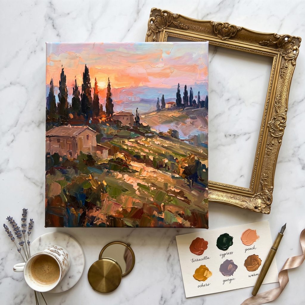 A flat lay aesthetic showcasing an unframed sunset landscape canvas next to an ornate vintage gold frame, a coffee cup, and a color palette, providing home decor framing ideas.
