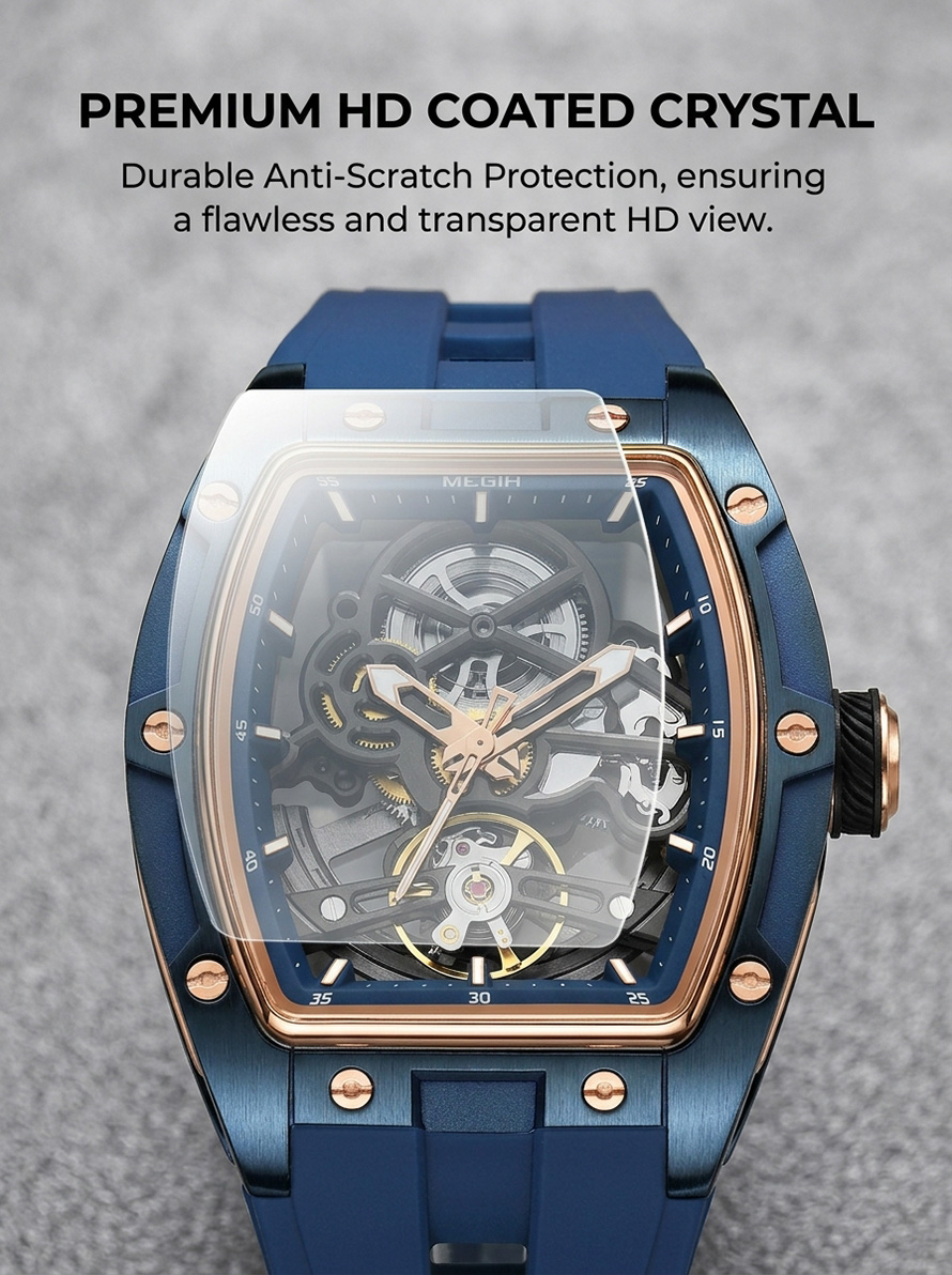 MEGIR blue and rose gold skeleton watch with high-definition anti-scratch coated crystal glass protection.