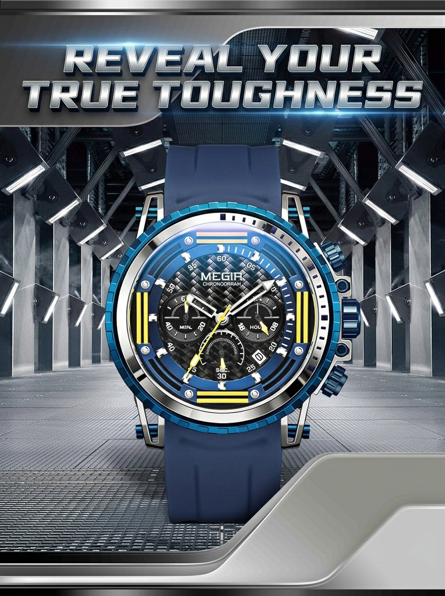 MEGIR 2143G men's sports watch in speed blue yellow featuring a carbon fiber dial and blue silicone strap