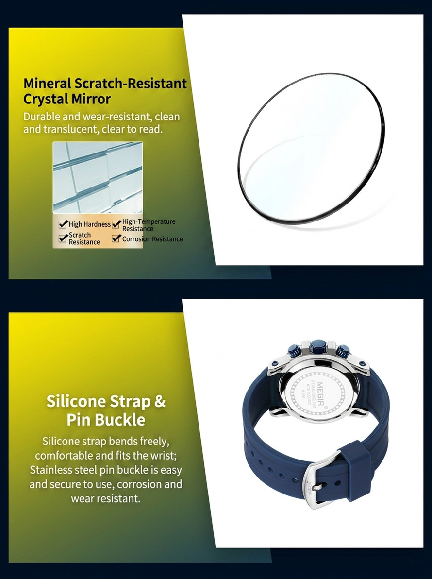 Display of scratch-resistant mineral glass mirror and flexible blue silicone strap with stainless steel pin buckle