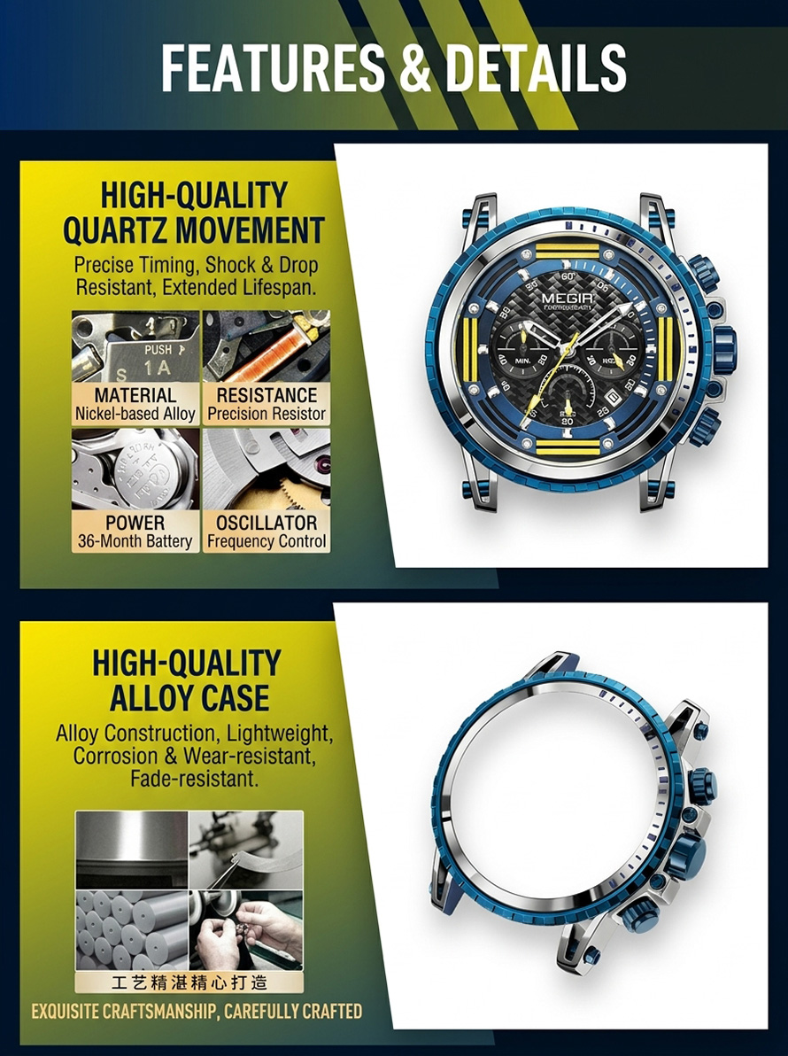 Features breakdown of high-quality quartz movement and corrosion-resistant lightweight alloy case for MEGIR watch