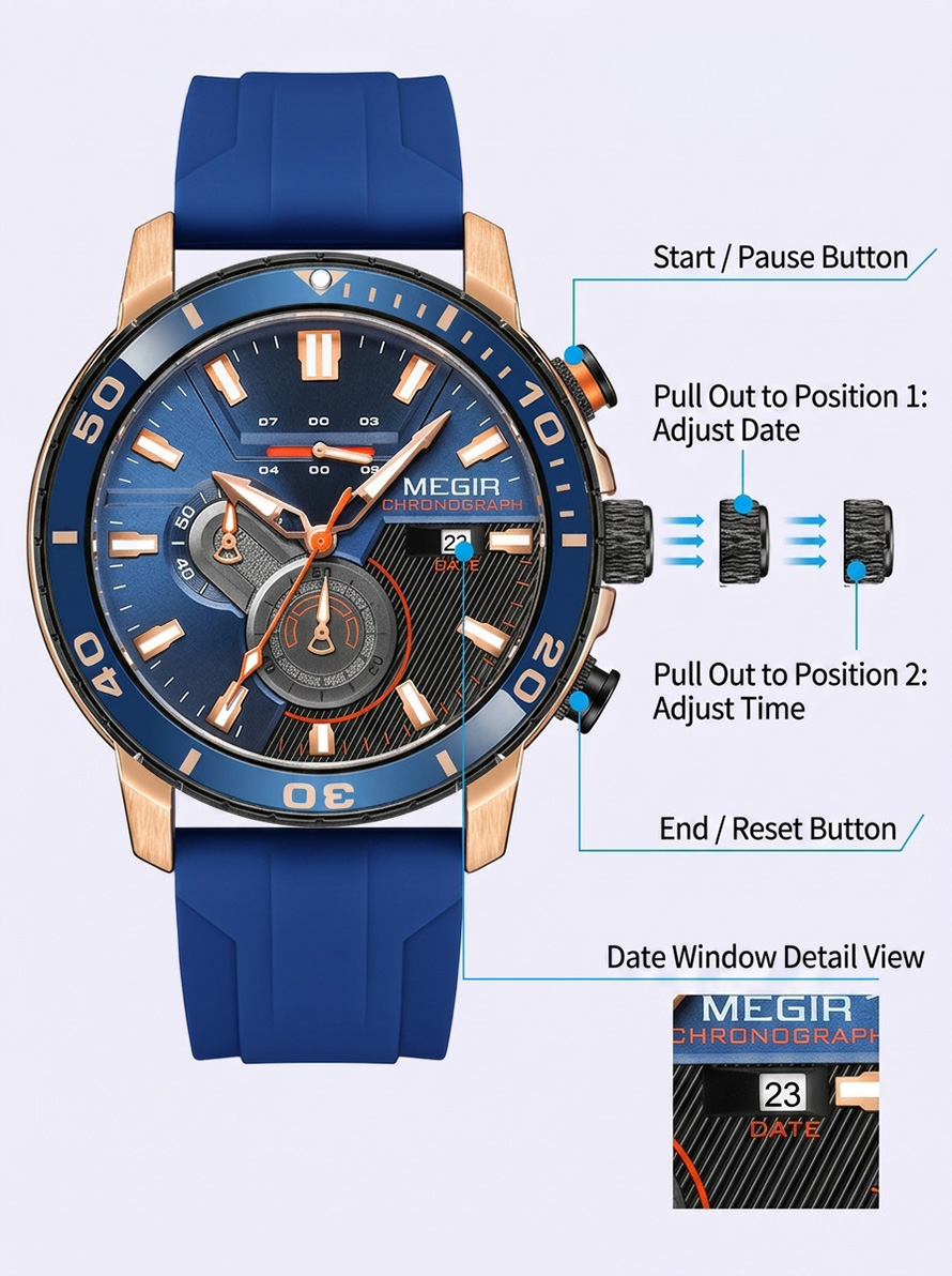 MEGIR Extreme Collection 2224G men's sport chronograph watch with blue dial and silicone strap.