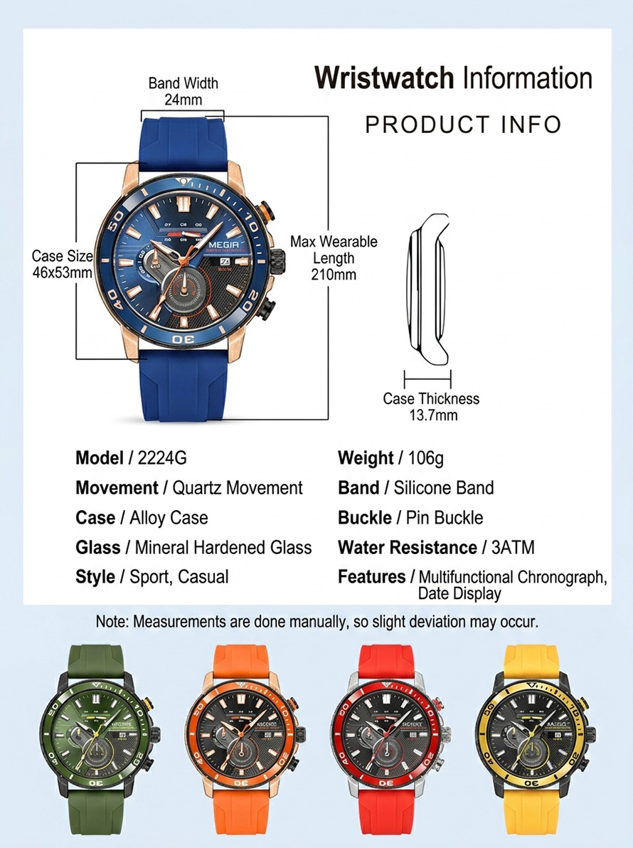 Specification diagram for MEGIR 2224G showing case dimensions 46x53mm, thickness 13.7mm, alloy case, and color options.