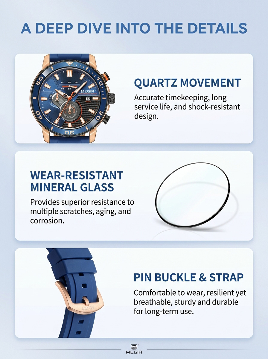 Detailed view of MEGIR 2224G features including quartz movement, wear-resistant mineral glass, and silicone strap with pin buckle.