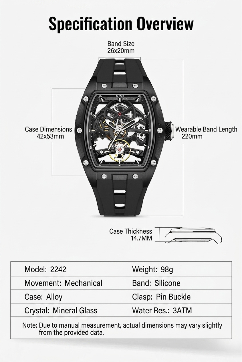 Specification chart for MEGIR 2242 showing case dimensions 42x53mm, thickness 14.7mm, alloy case, silicone strap, and 3ATM water resistance.