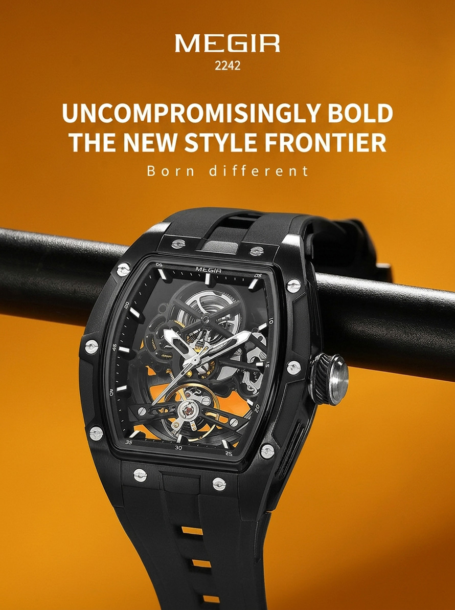 MEGIR 2242 luxury tonneau-shaped skeleton men's watch in all-black design on a premium orange background.