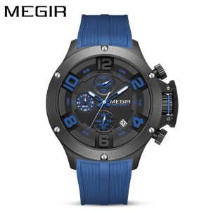 MEGIR men's chronograph watch featuring a blue silicone strap and dark dial with blue numerals and sub-dials.