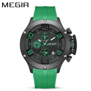 MEGIR men's chronograph watch featuring a vibrant green silicone strap and dark dial with green numerals and sub-dials.
