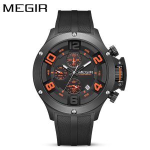 MEGIR men's chronograph watch featuring a black silicone strap and dark dial with vivid orange numerals and sub-dials.
