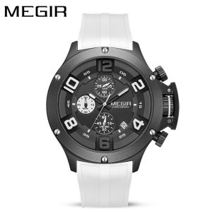 MEGIR men's chronograph watch featuring a clean white silicone strap and dark dial with white numerals and sub-dials.