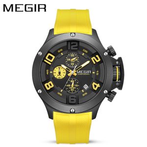 MEGIR men's chronograph watch featuring a bright yellow silicone strap and dark dial with yellow numerals and sub-dials.