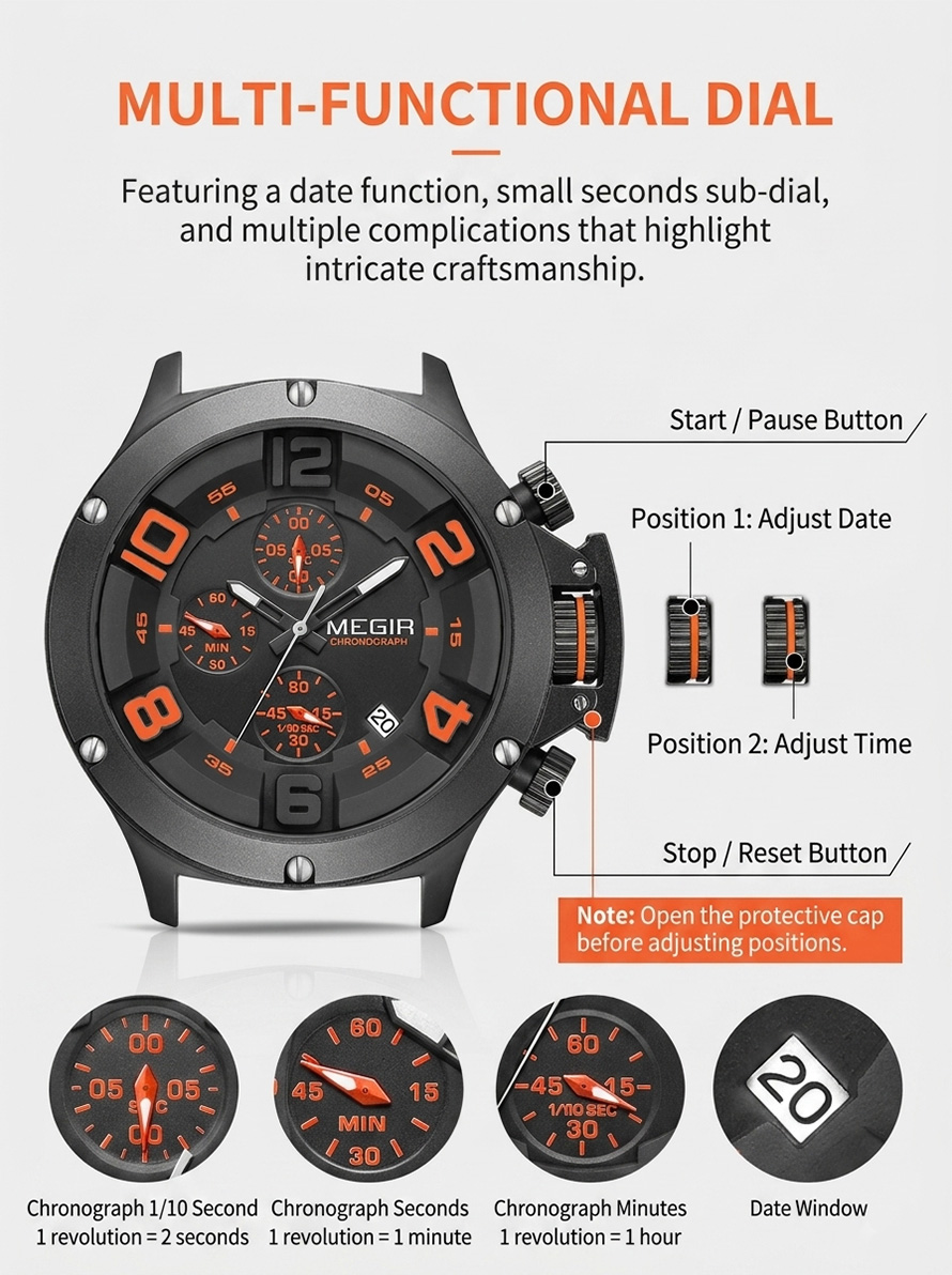 Diagram showing MEGIR watch multifunctional dial with 1/10 second sub-dial, chronograph seconds, chronograph minutes, date window, and crown operation.