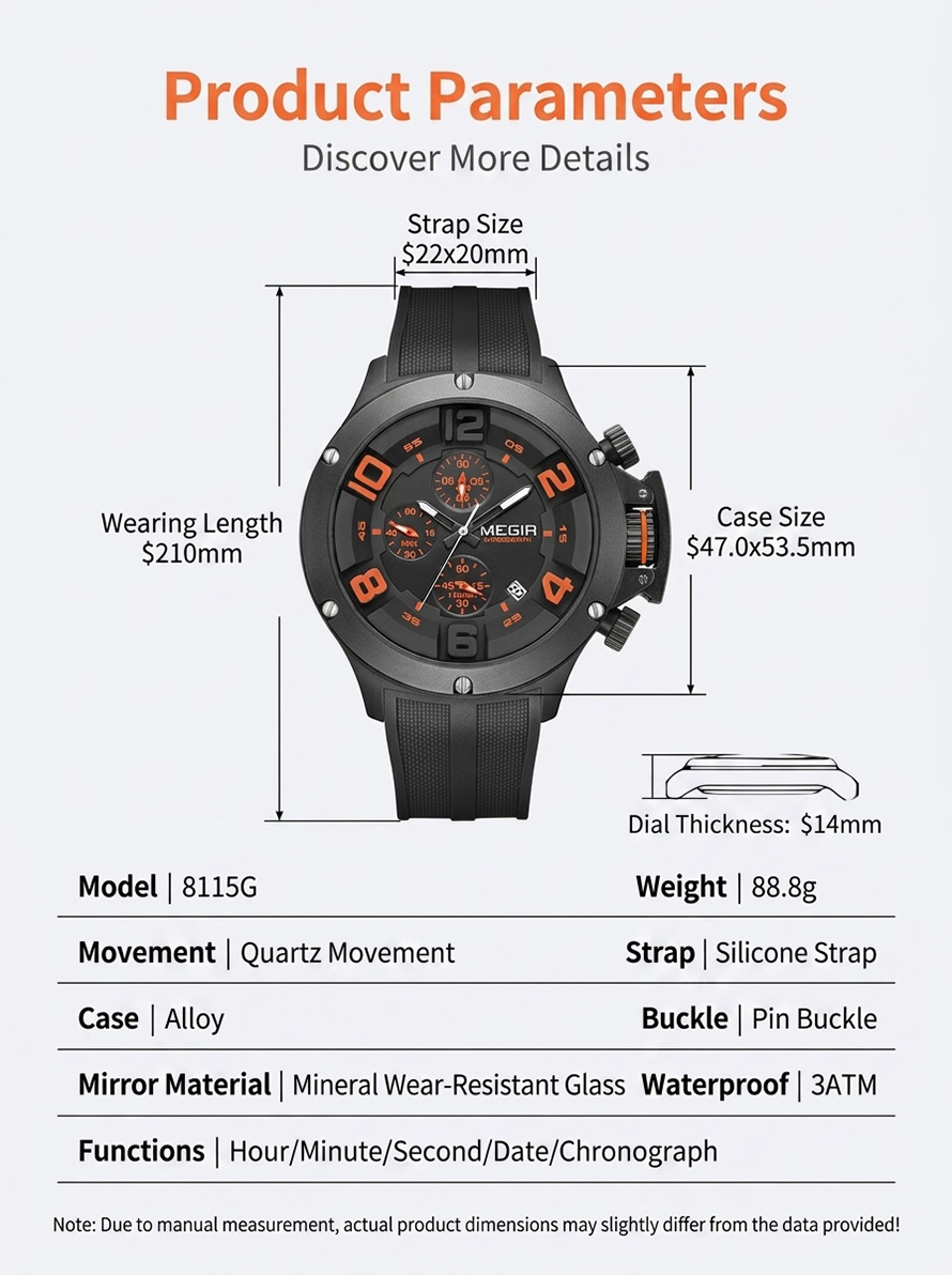 Technical specification chart for MEGIR 8115G watch showing 47.0x53.5mm case size, 14mm thickness, 22x20mm strap, 3ATM waterproof rating, and 88.8g weight.