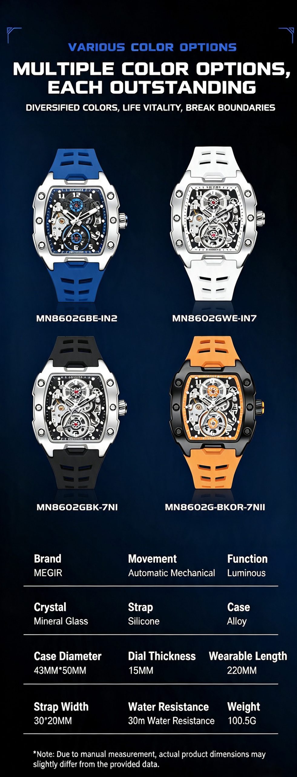 MEGIR 8602 pioneer edge skeleton automatic mechanical watch in silver case and black strap