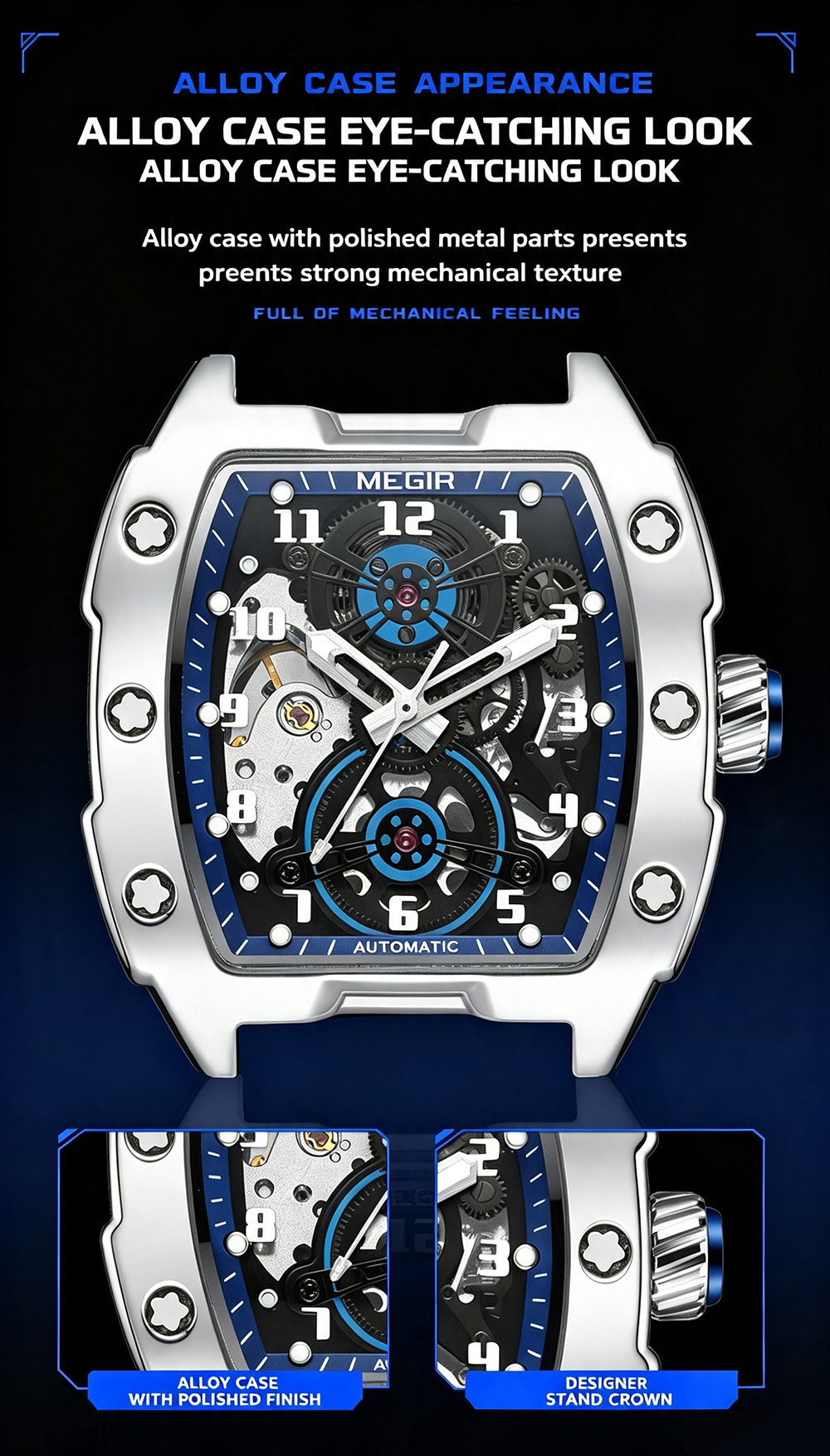 Close-up view of MEGIR 8602 polished alloy tonneau case, skeleton dial gears, and designer stand crown