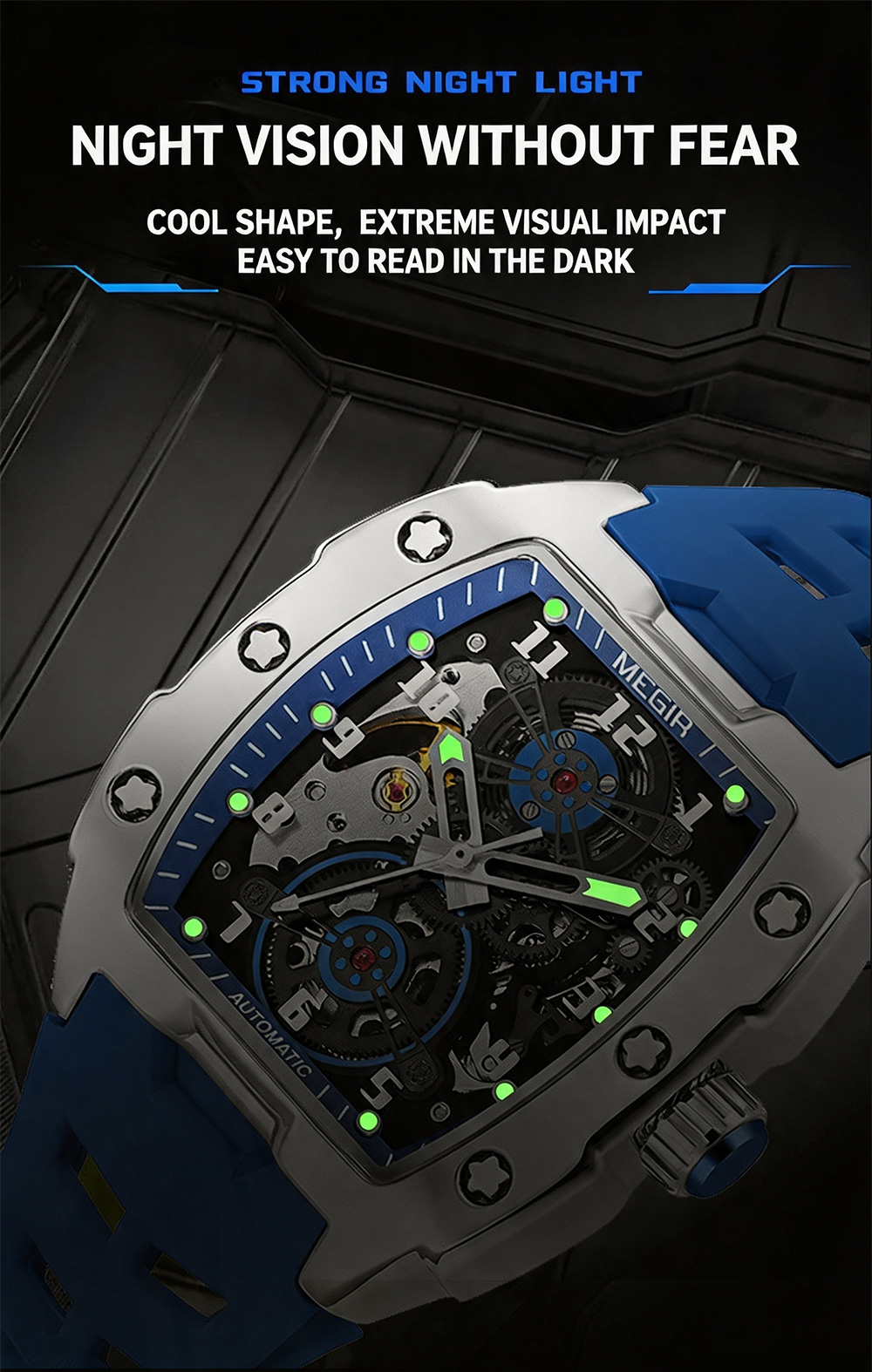 MEGIR 8602 skeleton automatic watch displaying bright luminous hands and hour markers in dark