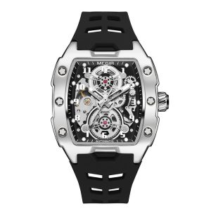 Front view of MEGIR 8602 skeleton automatic mechanical watch in silver tonneau case with black silicone strap