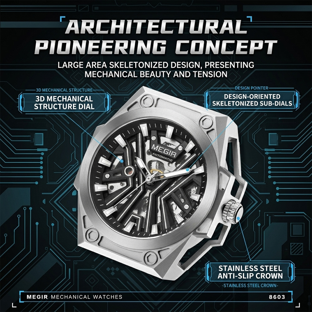 MEGIR automatic watch featuring 3D mechanical structure dial and stainless steel anti-slip crown