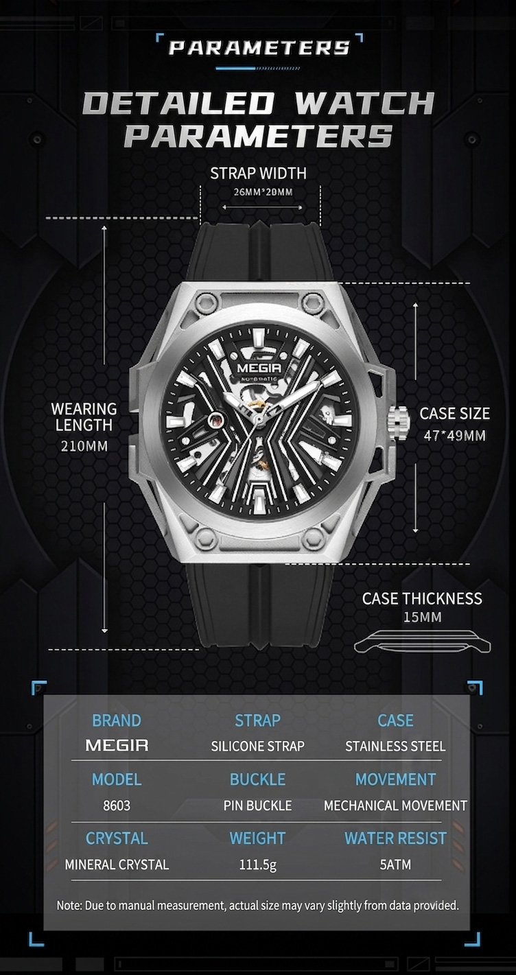 MEGIR 8603 watch dimensions including 47x49mm case size and 5ATM water resistance parameters