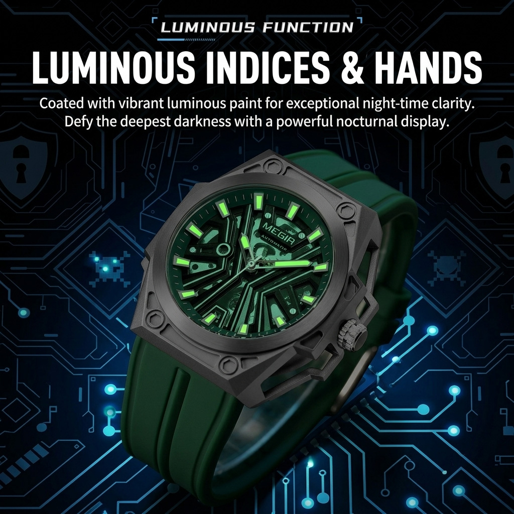 MEGIR watch green luminous hands and indices nocturnal display in dark