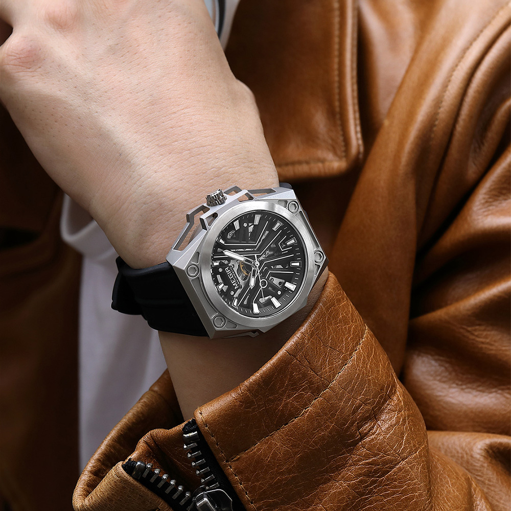 Men wearing MEGIR skeleton mechanical watch with leather jacket wrist shot