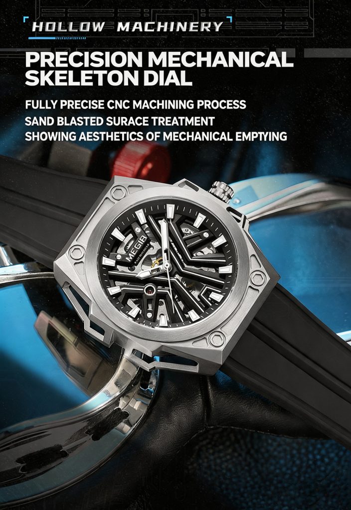 MEGIR 8603 automatic mechanical watch precision skeleton dial with sand blasted surface