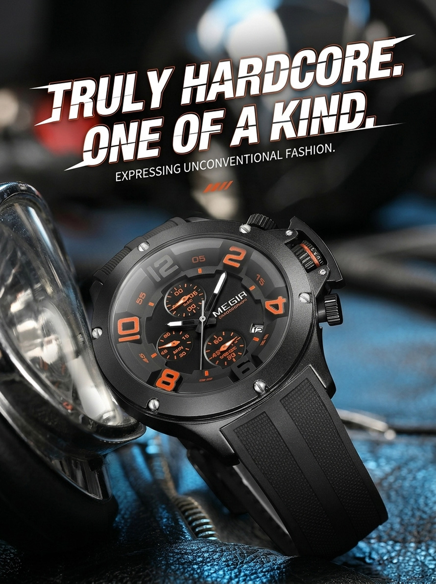 MEGIR hardcore style men's quartz chronograph watch with orange accents and black silicone strap displayed on a dark background.