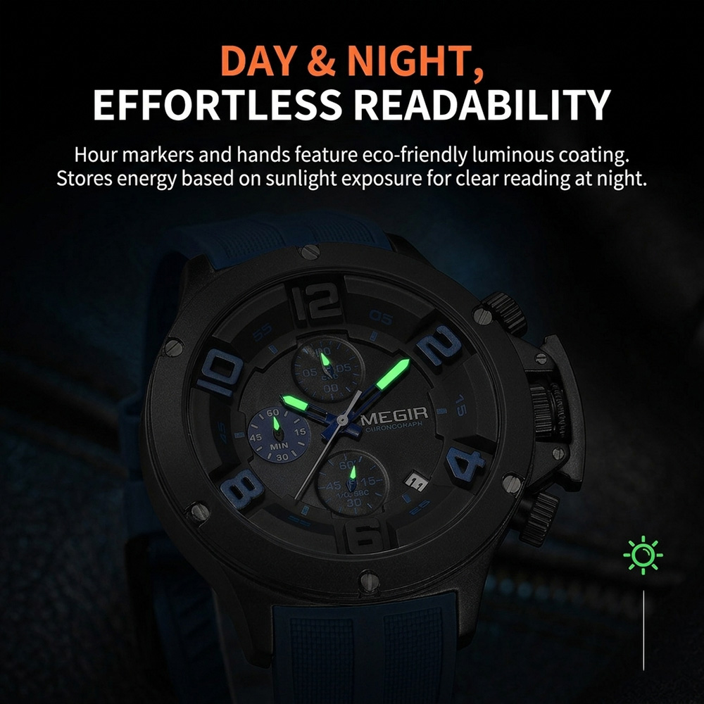 MEGIR men's chronograph watch showing glowing green luminous hands and hour markers in dark conditions.