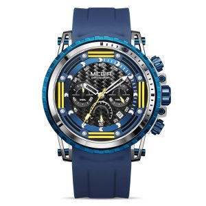 MEGIR men's chronograph sport watch featuring a blue bezel, yellow accents, black carbon fiber pattern dial, and blue silicone strap on white background