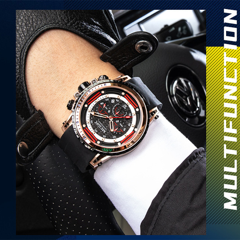 MEGIR men's chronograph sport watch with rose gold case, red accents, and black silicone strap on wrist