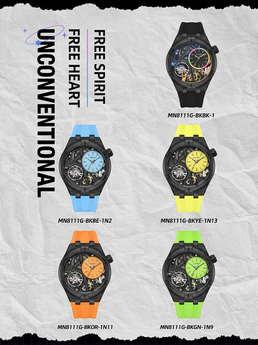 MEGIR men's skeleton watch available in rainbow black, light blue, yellow, orange, and green silicone strap variants