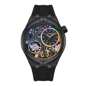 MEGIR men's futuristic skeleton dial sport watch with rainbow accent ring and black silicone strap on a white background