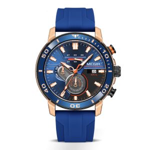 MEGIR men's sport chronograph watch featuring a blue dial, rose gold case, and matching blue silicone strap on white background.